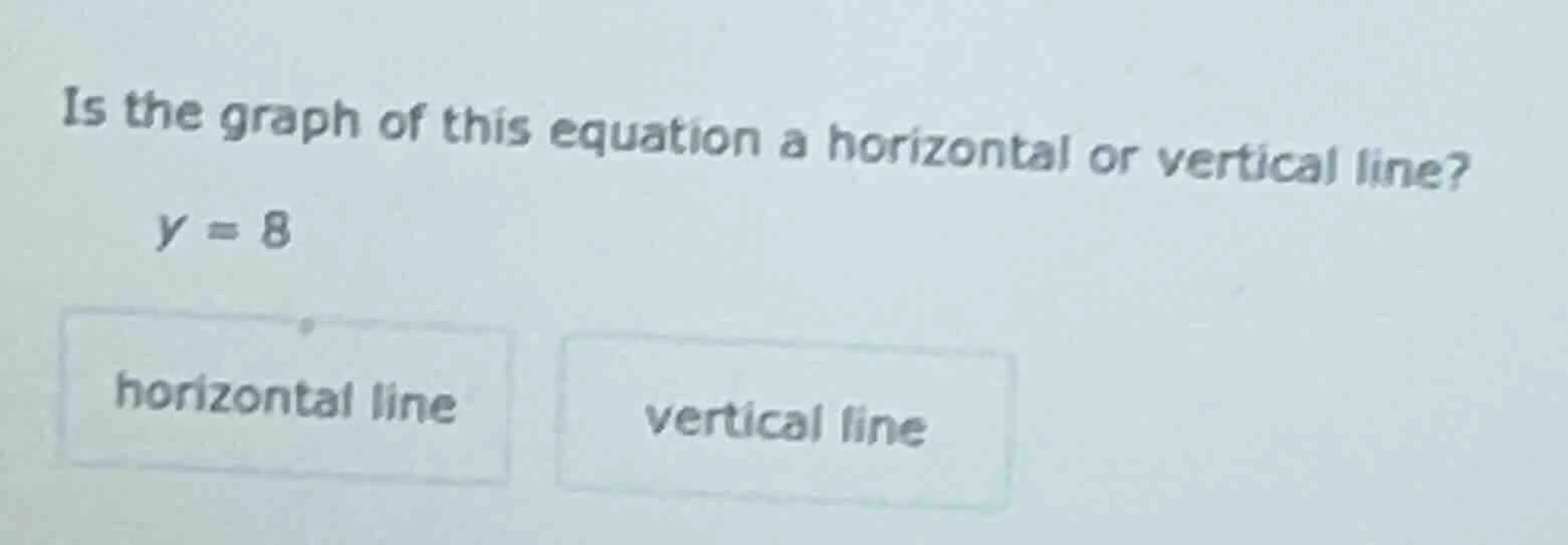is the graph of this equation a horizontal or vertical line? y = 8 hori…