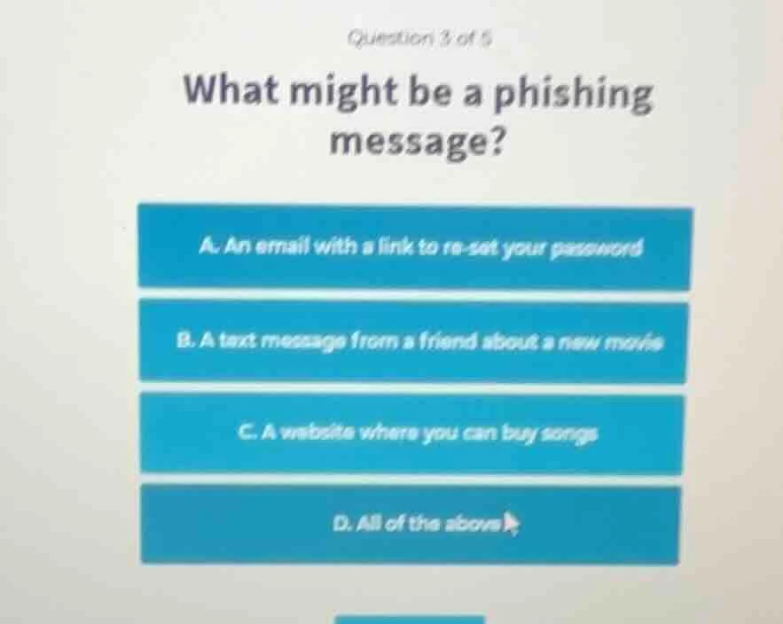 question 3 of 5 what might be a phishing message? a. an email with a li…