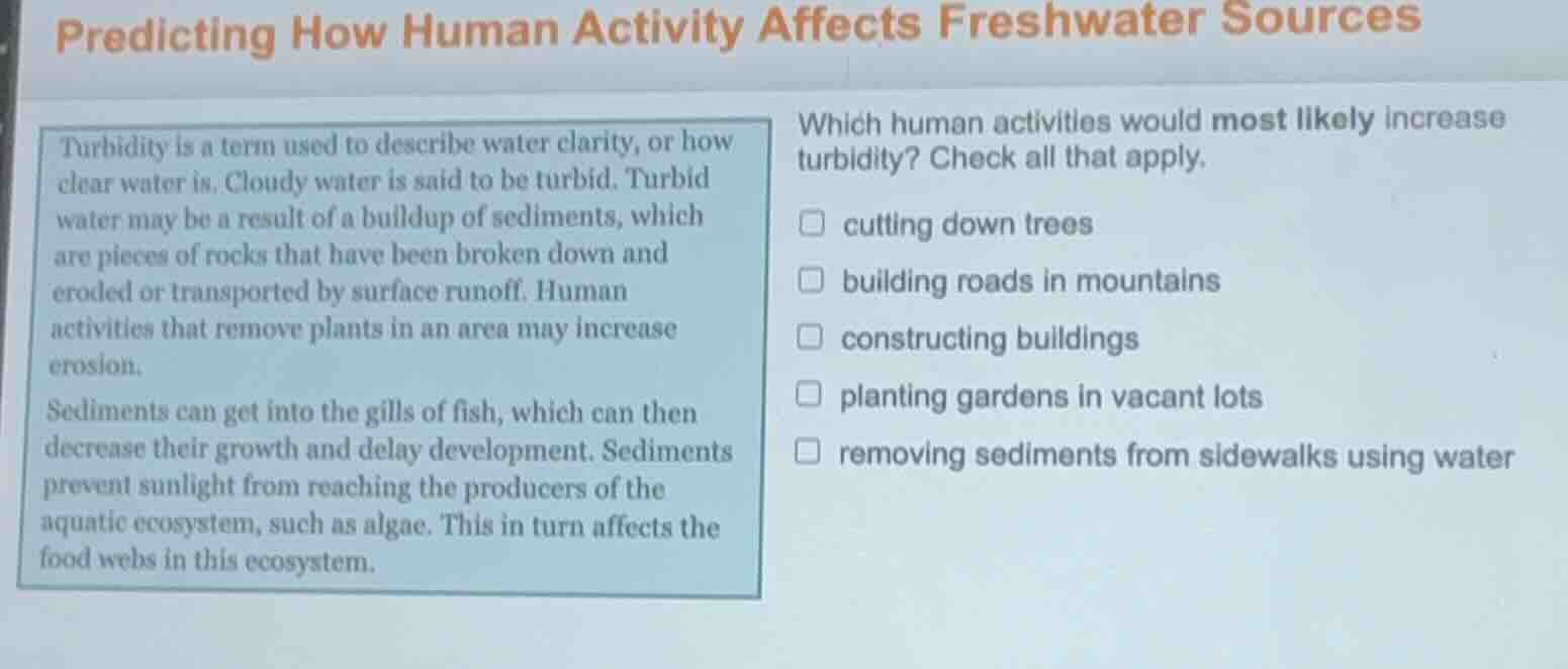 predicting how human activity affects freshwater sources turbidity is a…