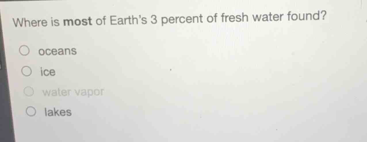 where is most of earths 3 percent of fresh water found? oceans ice wate…