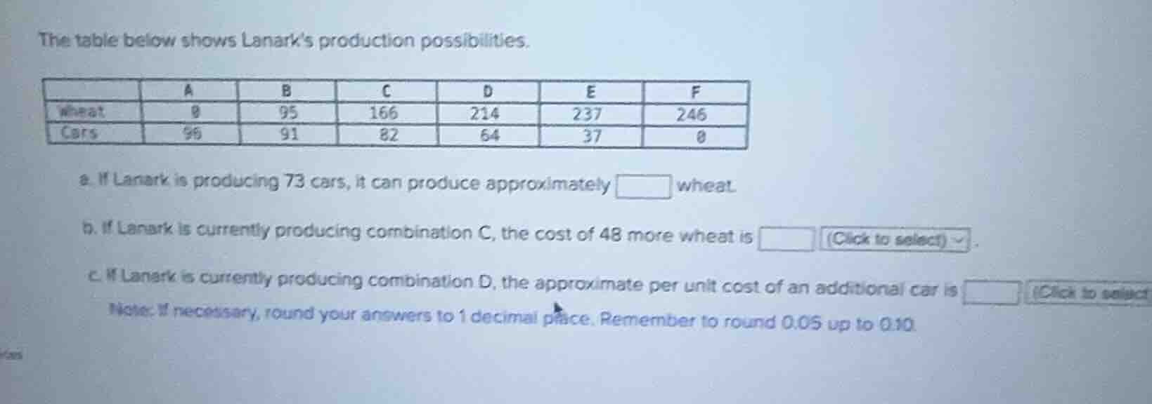 the table below shows lanark’s production possibilities. | | a | b | c …