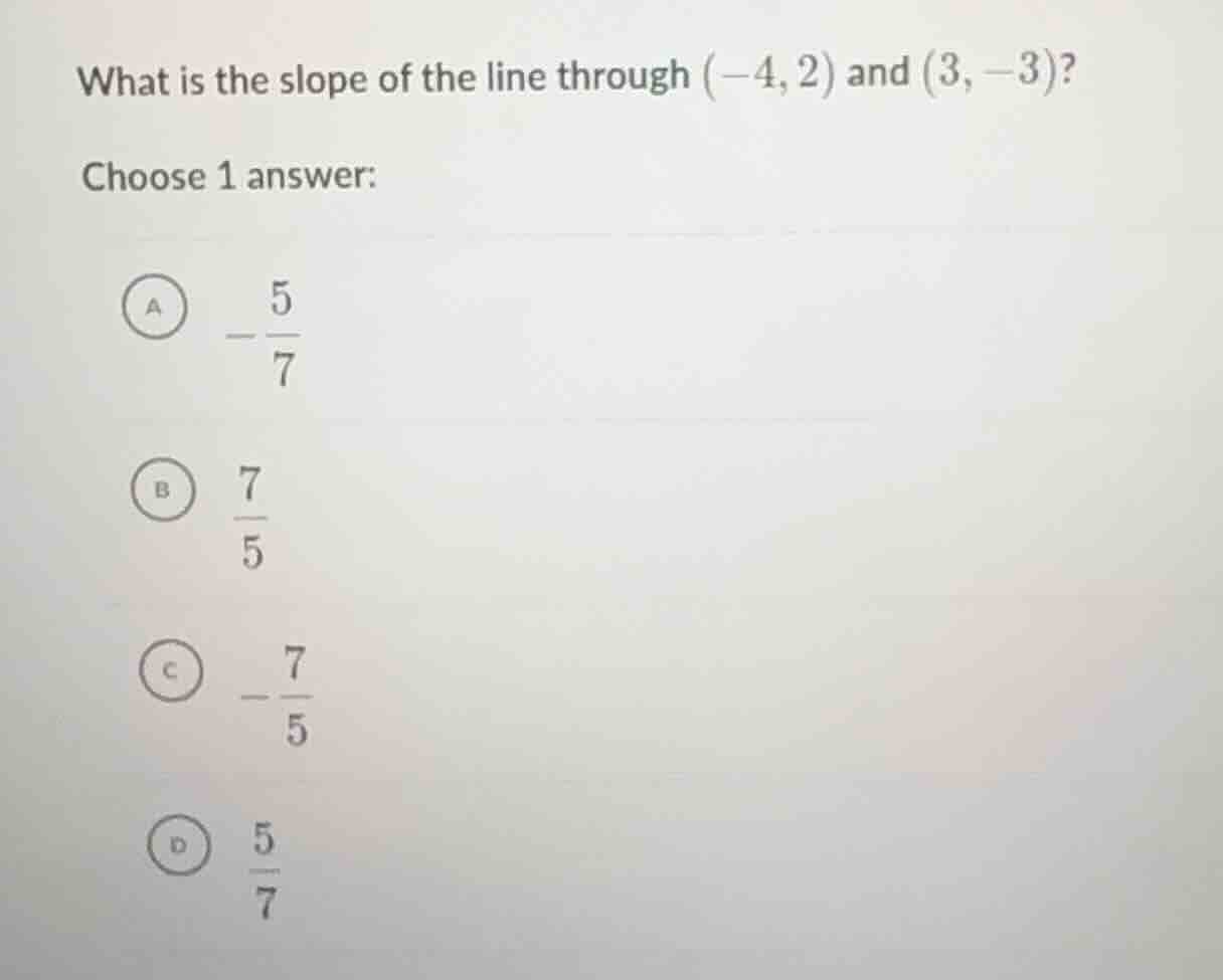 what is the slope of the line through (-4, 2) and (3, -3)? choose 1 ans…