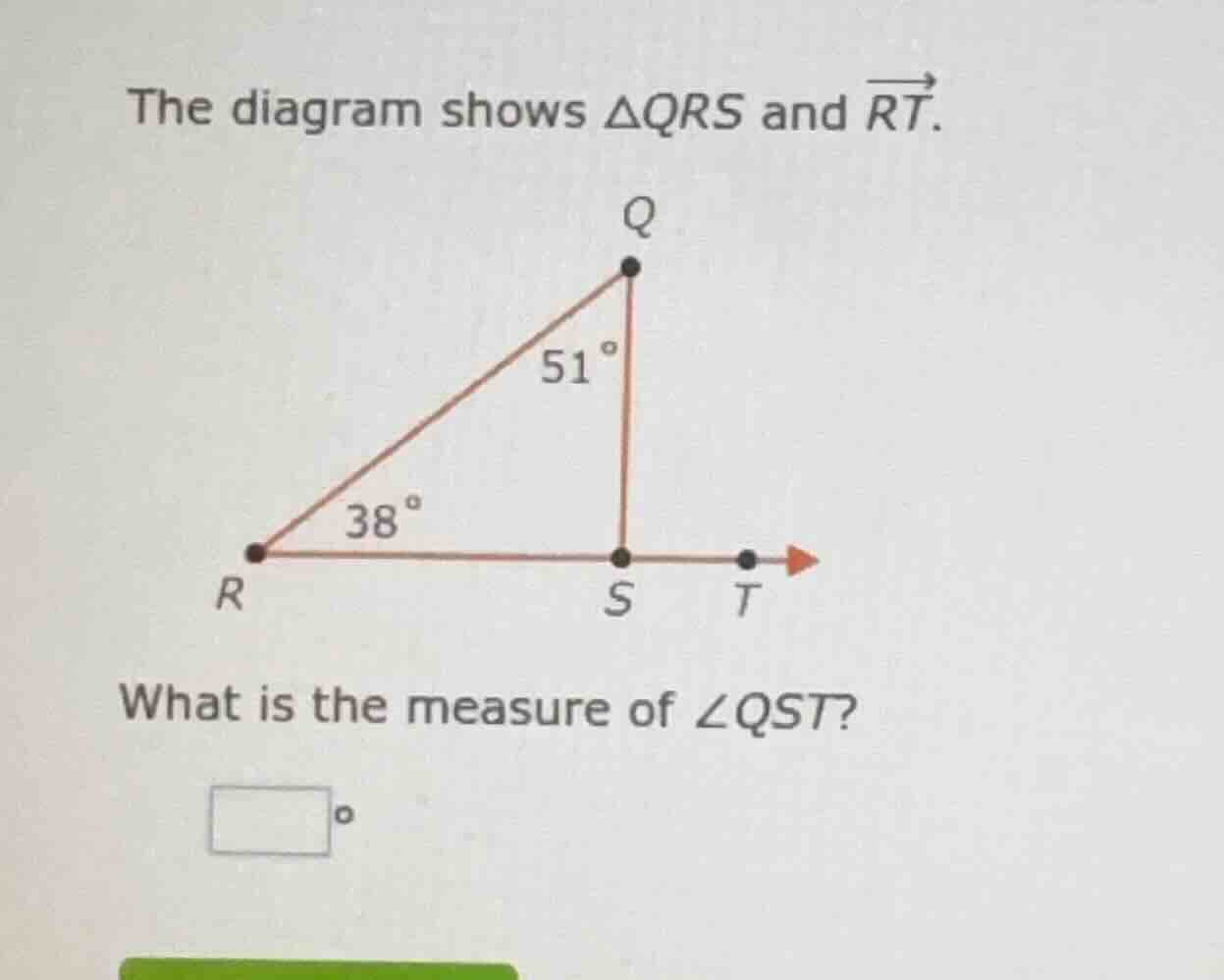 the diagram shows $\\triangle qrs$ and $\\overrightarrow{rt}$. what is …