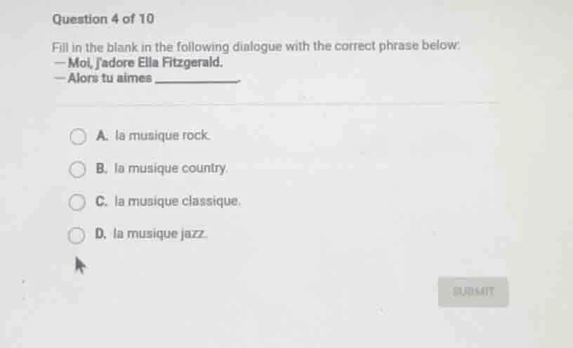 question 4 of 10 fill in the blank in the following dialogue with the c…