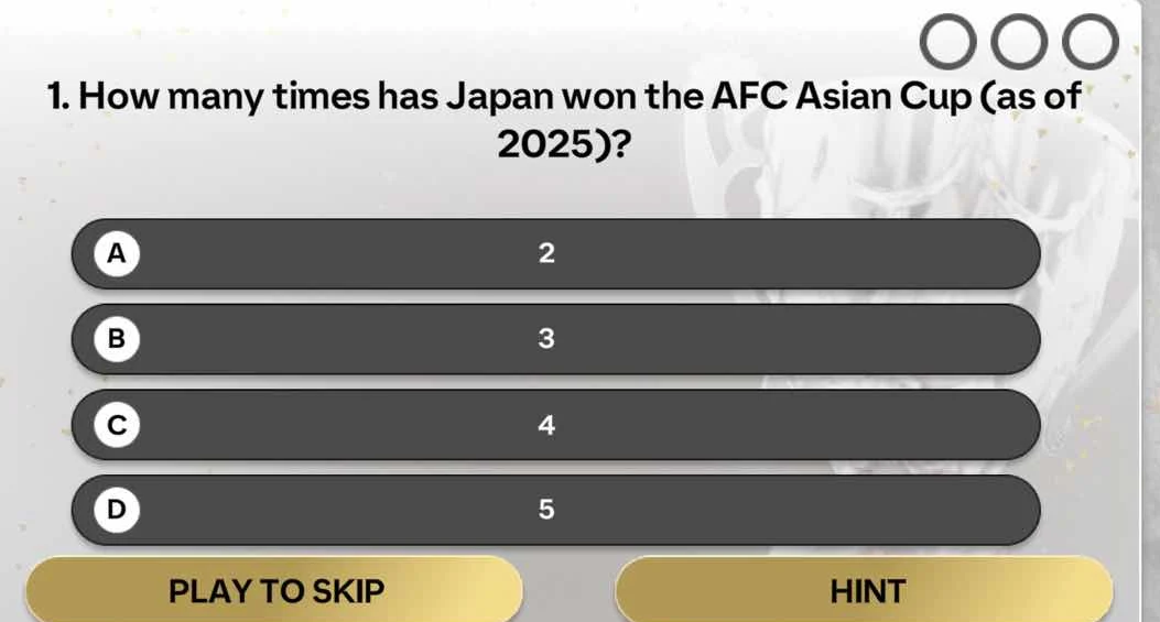 1. how many times has japan won the afc asian cup (as of 2025)? a 2 b 3…