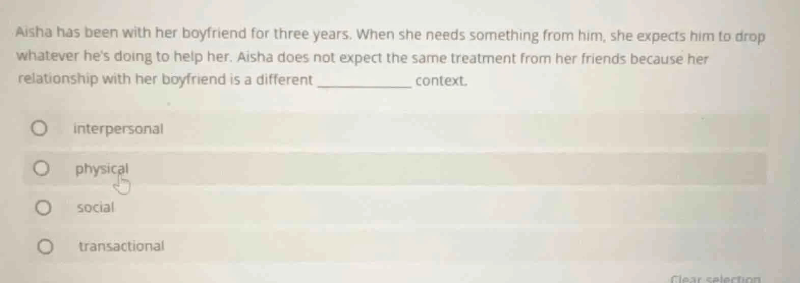 aisha has been with her boyfriend for three years. when she needs somet…