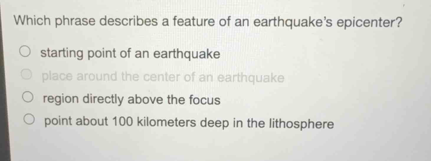 which phrase describes a feature of an earthquake’s epicenter? ○ starti…