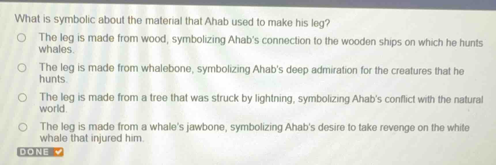 what is symbolic about the material that ahab used to make his leg? the…