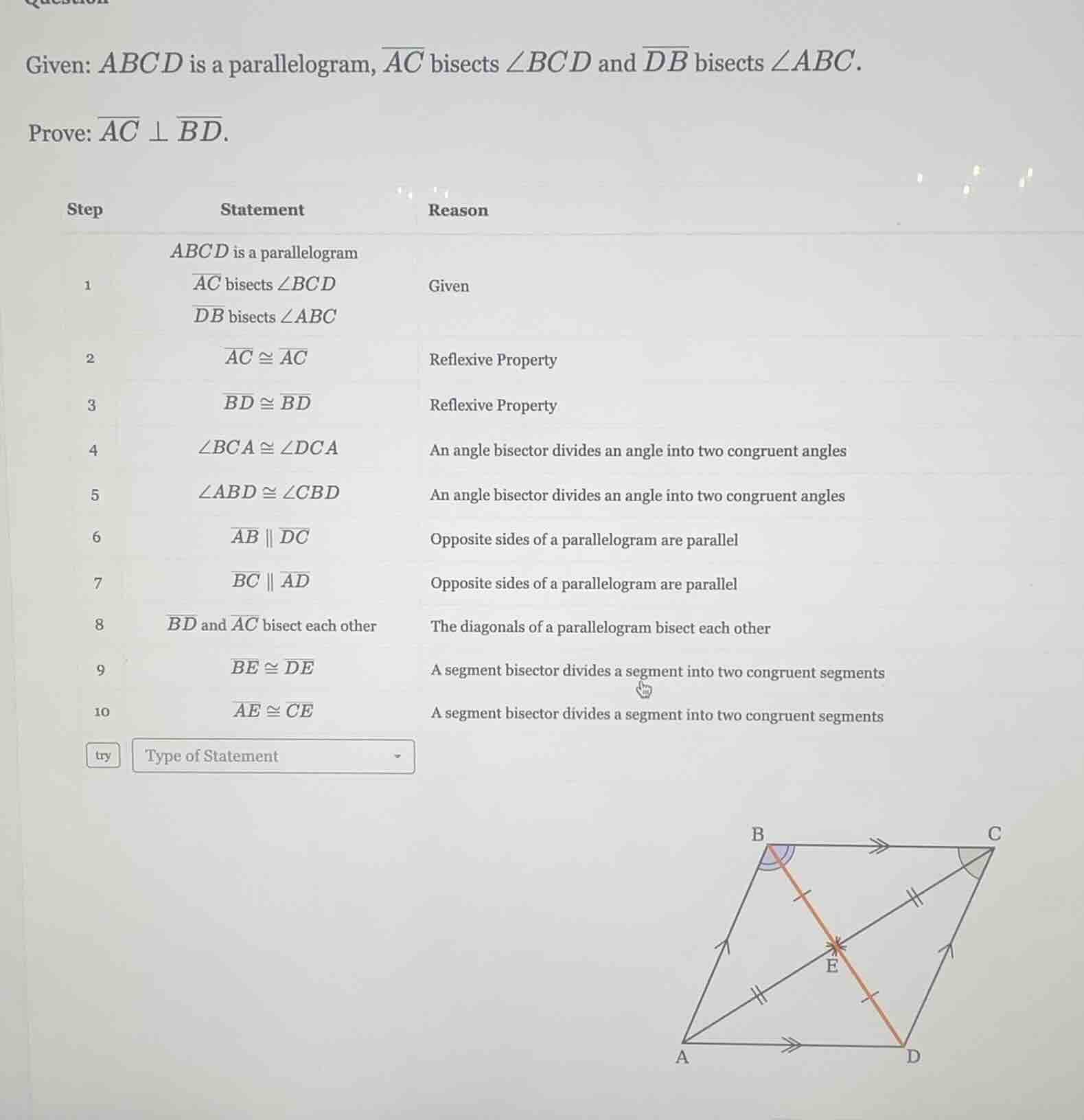 given: abcd is a parallelogram, \\(\\overline{ac}\\) bisects \\(\\angle…