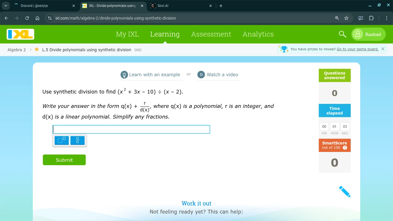 use synthetic division to find $(x^{2} + 3x - 10) \\div (x - 2)$. write…