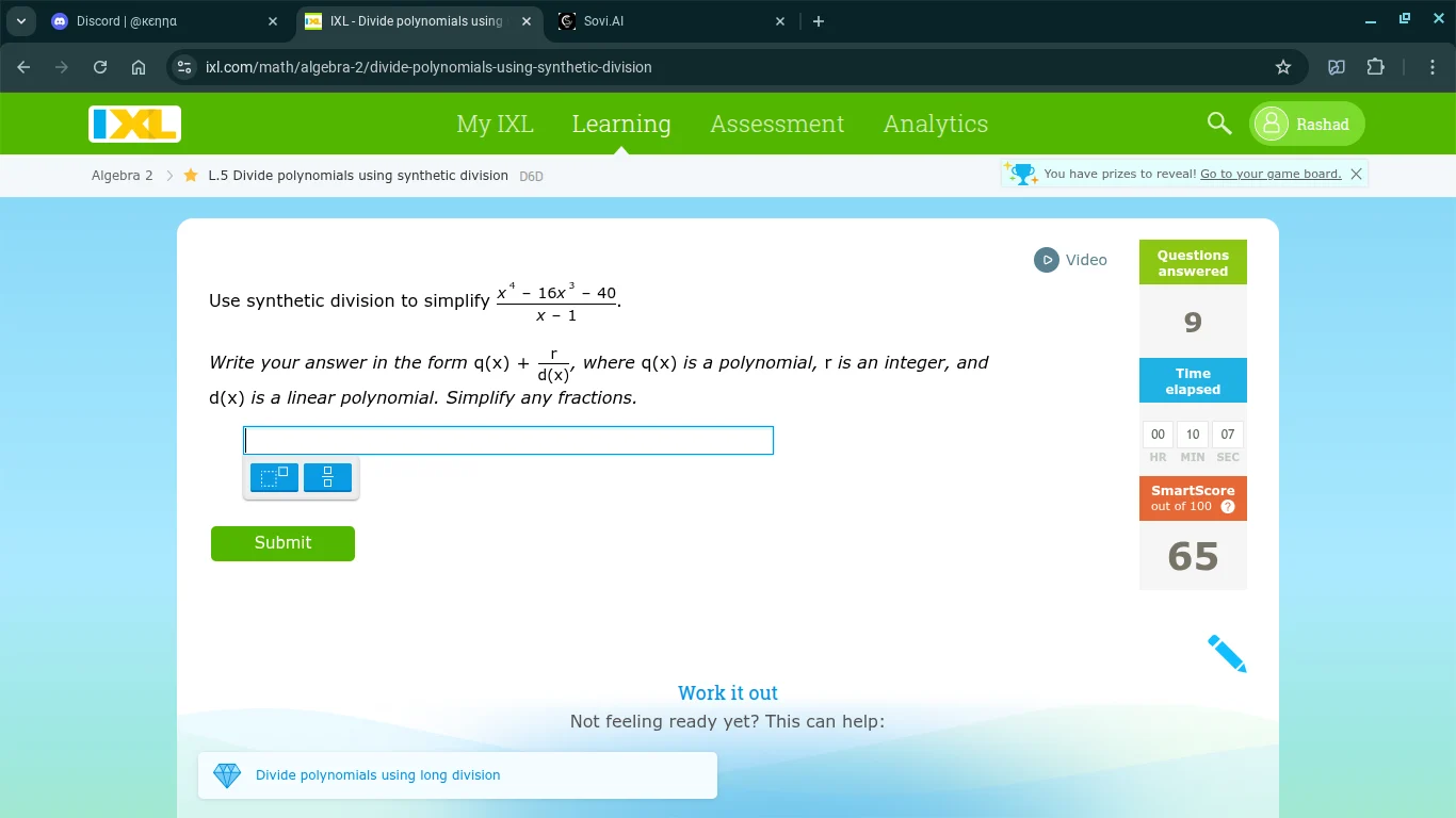 use synthetic division to simplify \\(\\frac{x^4 - 16x^3 - 40}{x - 1}\\…