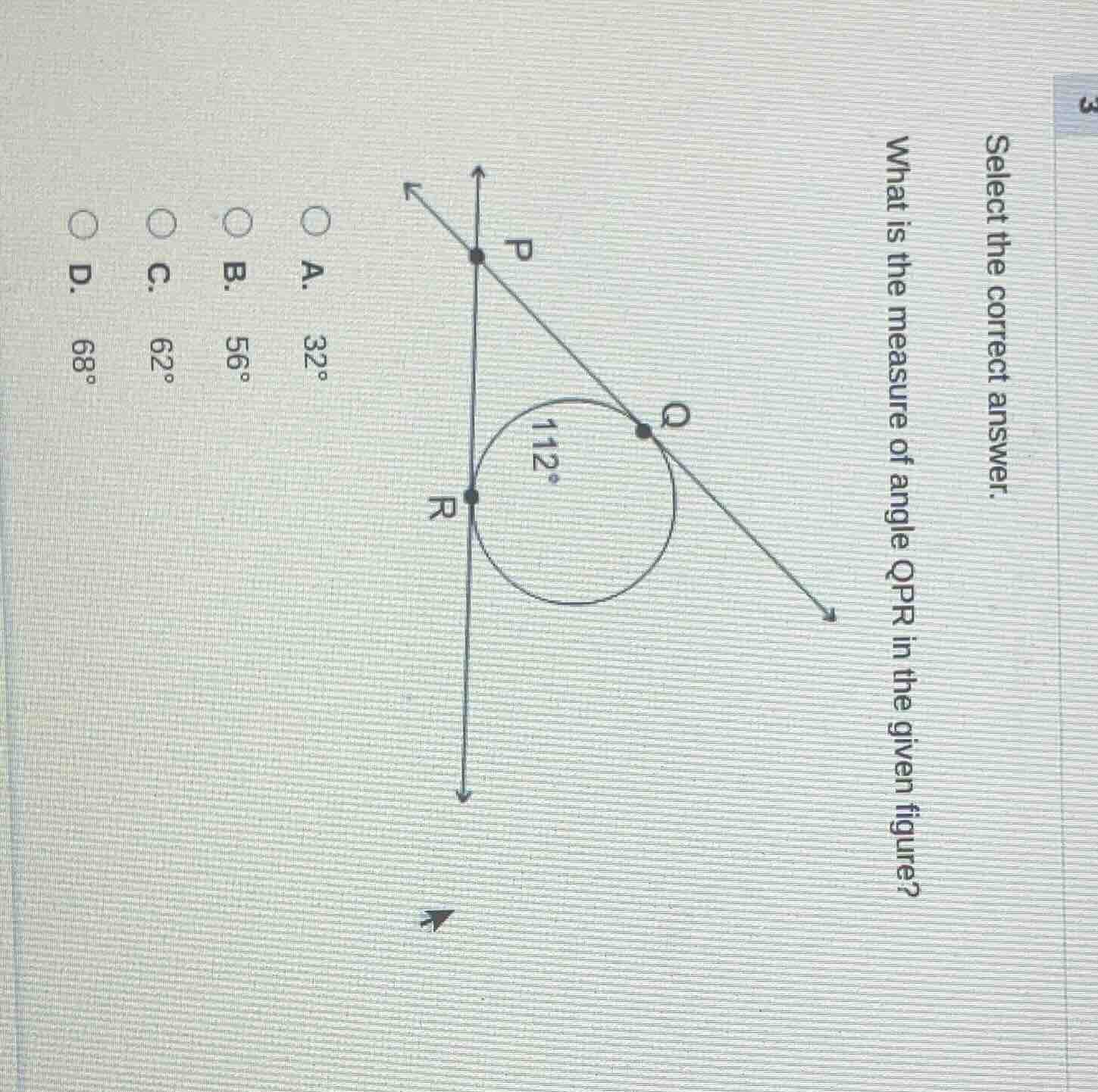 select the correct answer. what is the measure of angle qpr in the give…