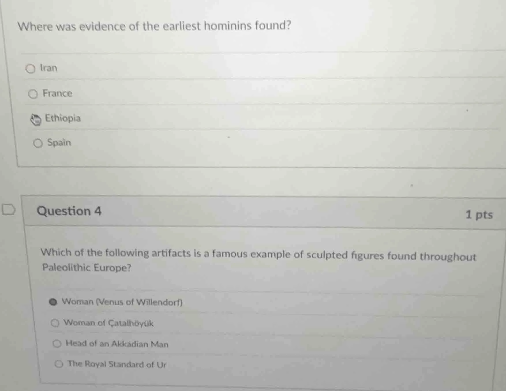 where was evidence of the earliest hominins found? ○ iran ○ france ○ et…