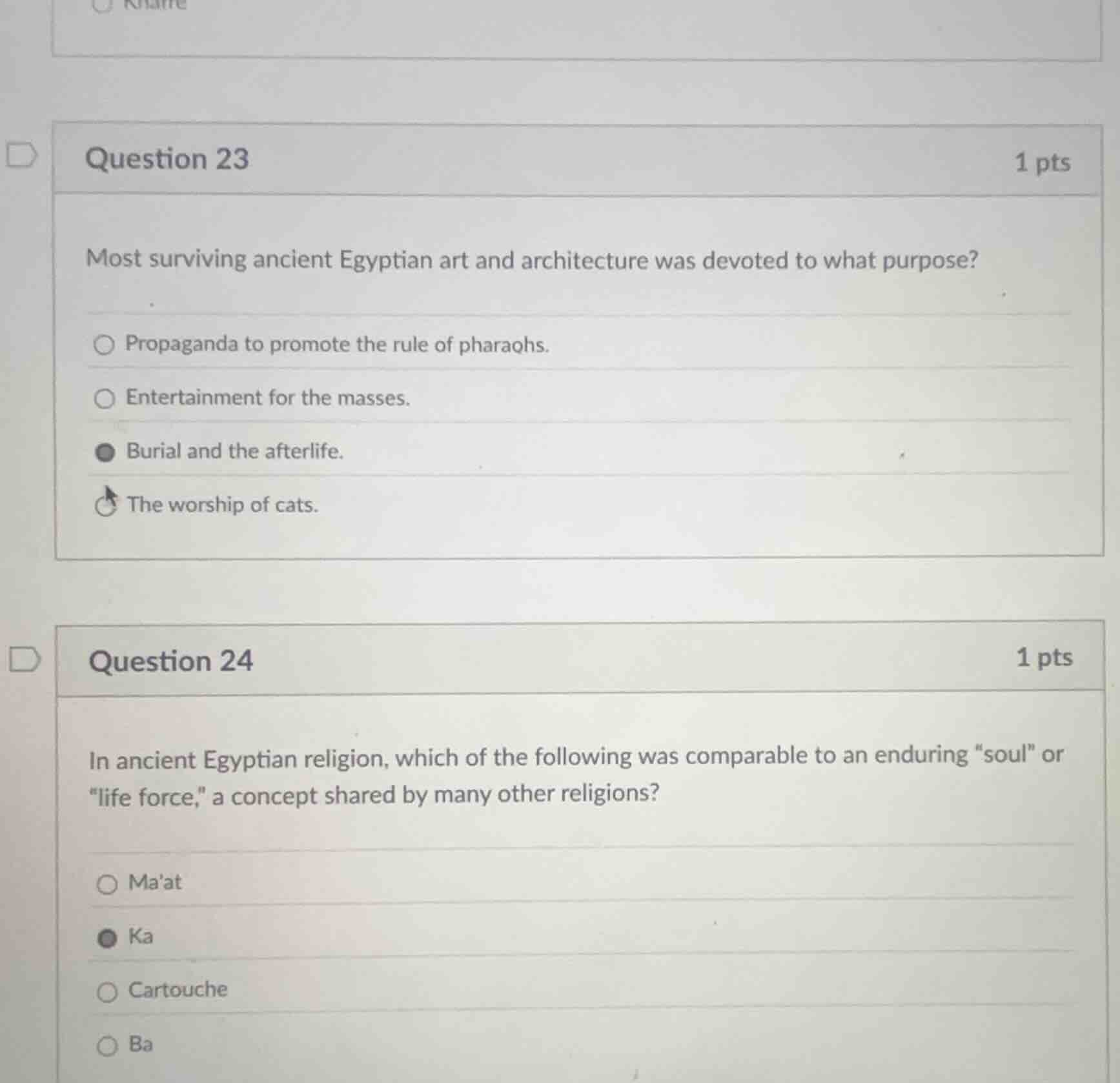 question 23 1 pts most surviving ancient egyptian art and architecture …