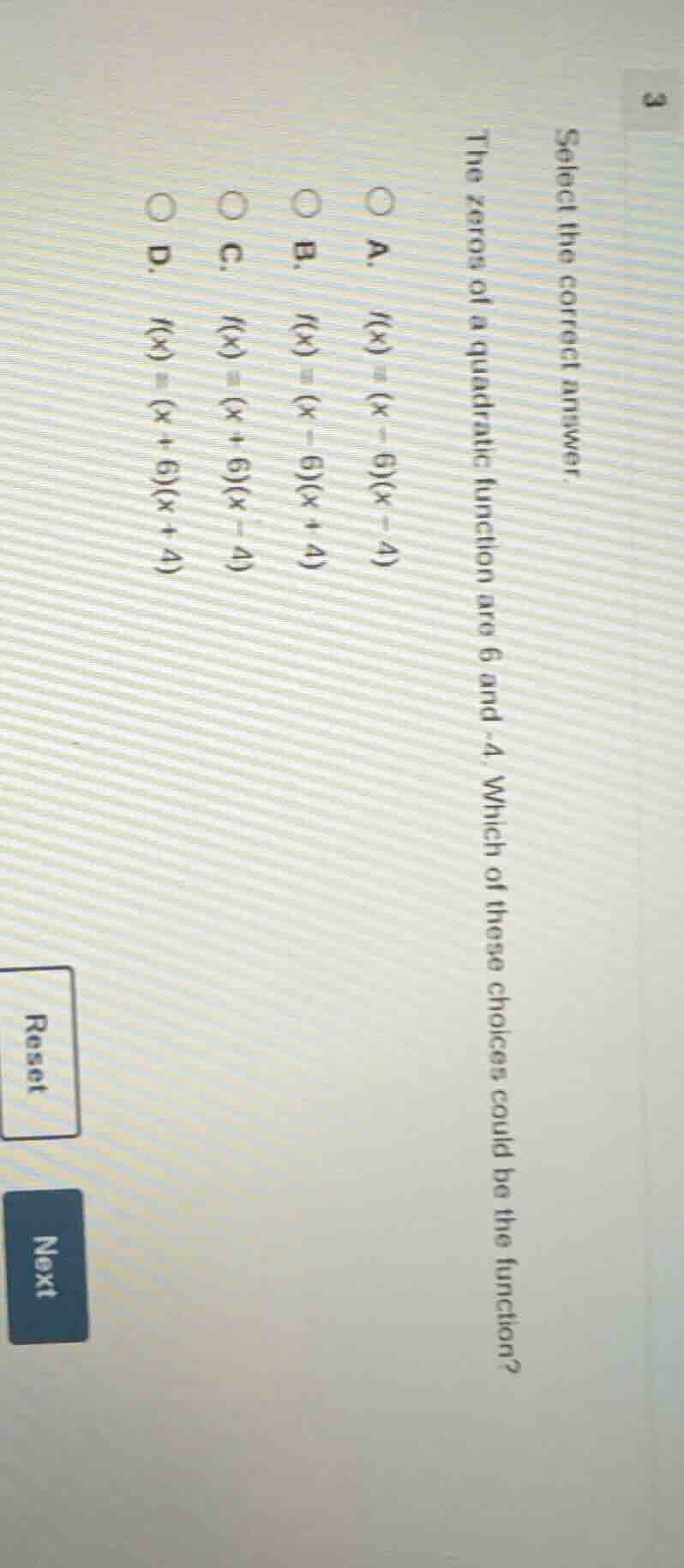 select the correct answer. the zeros of a quadratic function are 6 and …