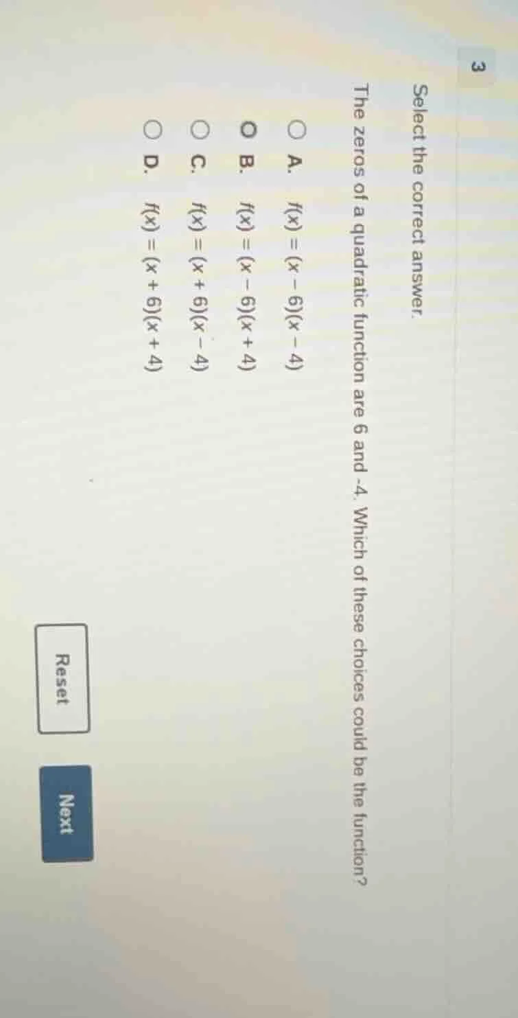 select the correct answer. the zeros of a quadratic function are 6 and …