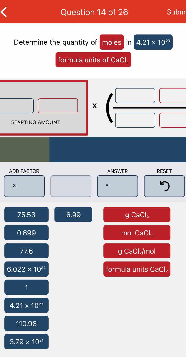 question 14 of 26 determine the quantity of moles in 4.21×10²³ formula …
