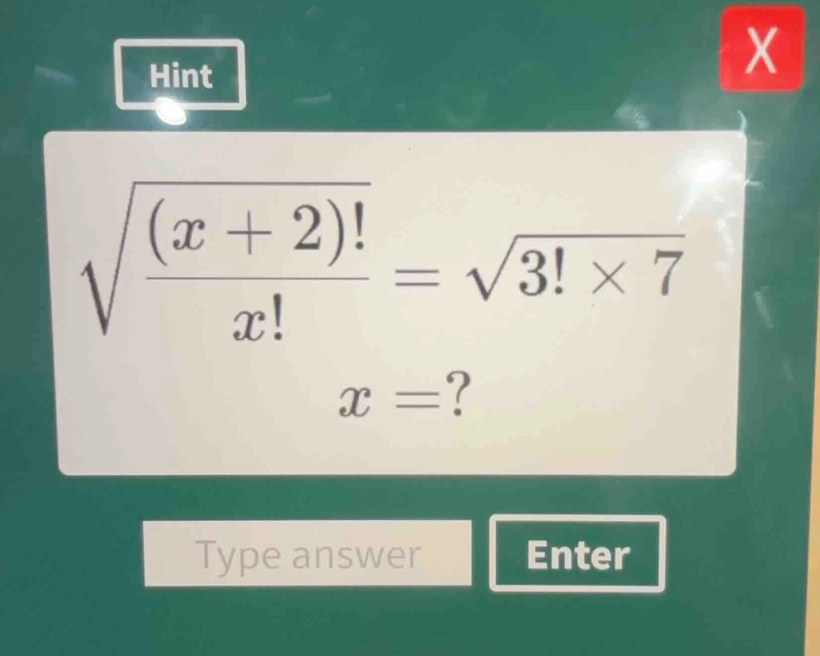 solve the equation \\(\\sqrt{\\frac{(x + 2)!}{x!}} = \\sqrt{3!} \\times…