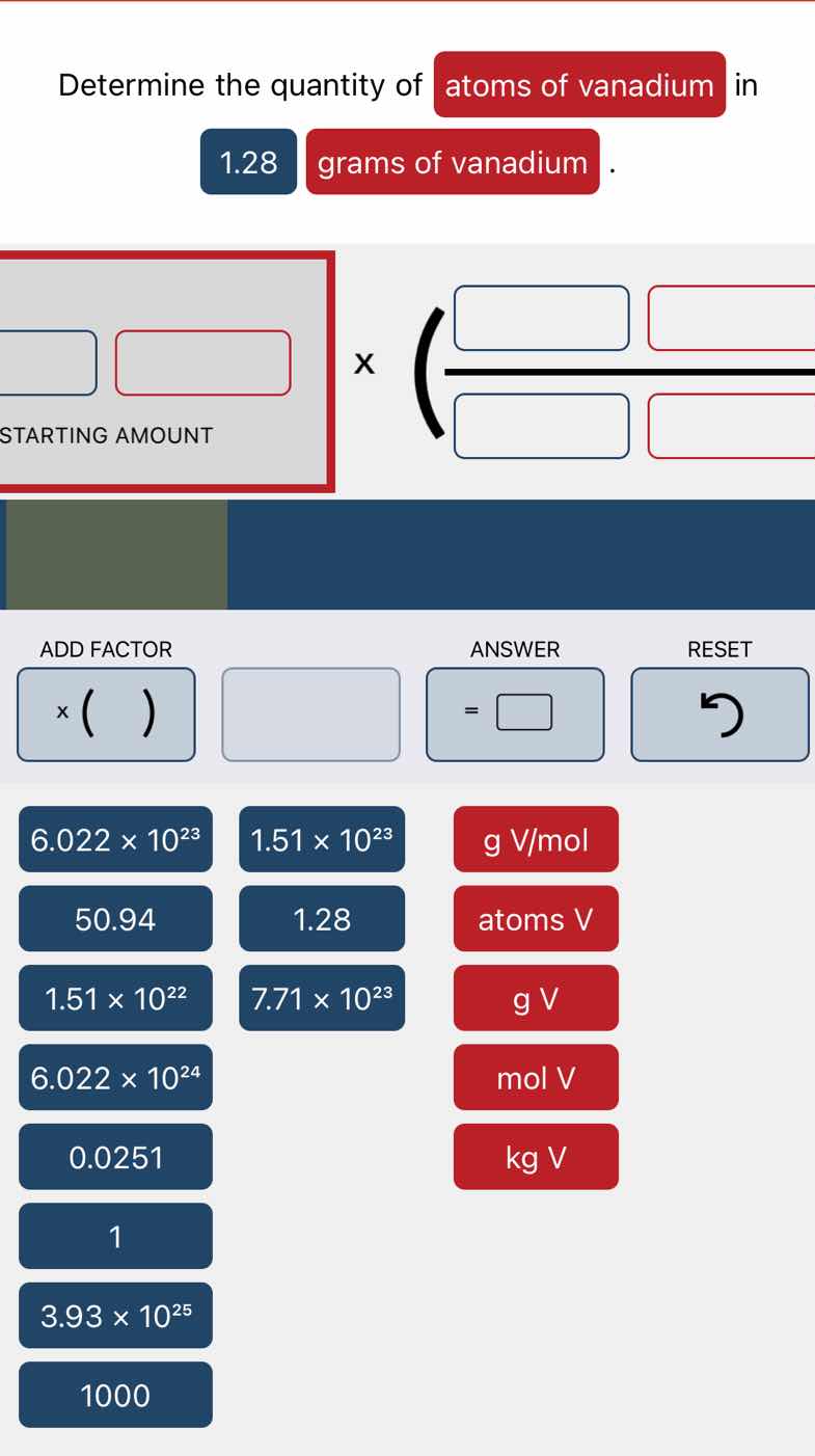 determine the quantity of atoms of vanadium in 1.28 grams of vanadium. …