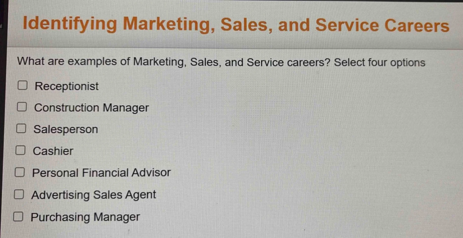 identifying marketing, sales, and service careers what are examples of …