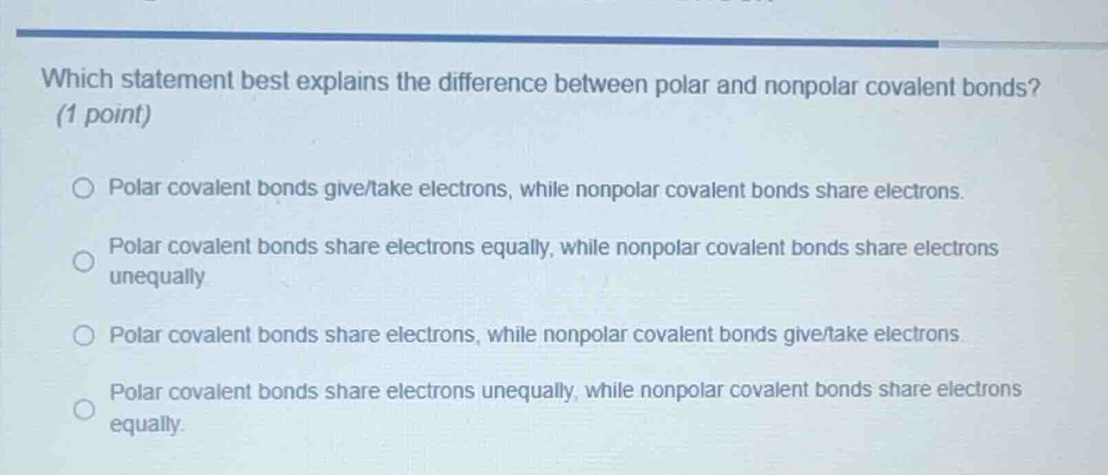 which statement best explains the difference between polar and nonpolar…