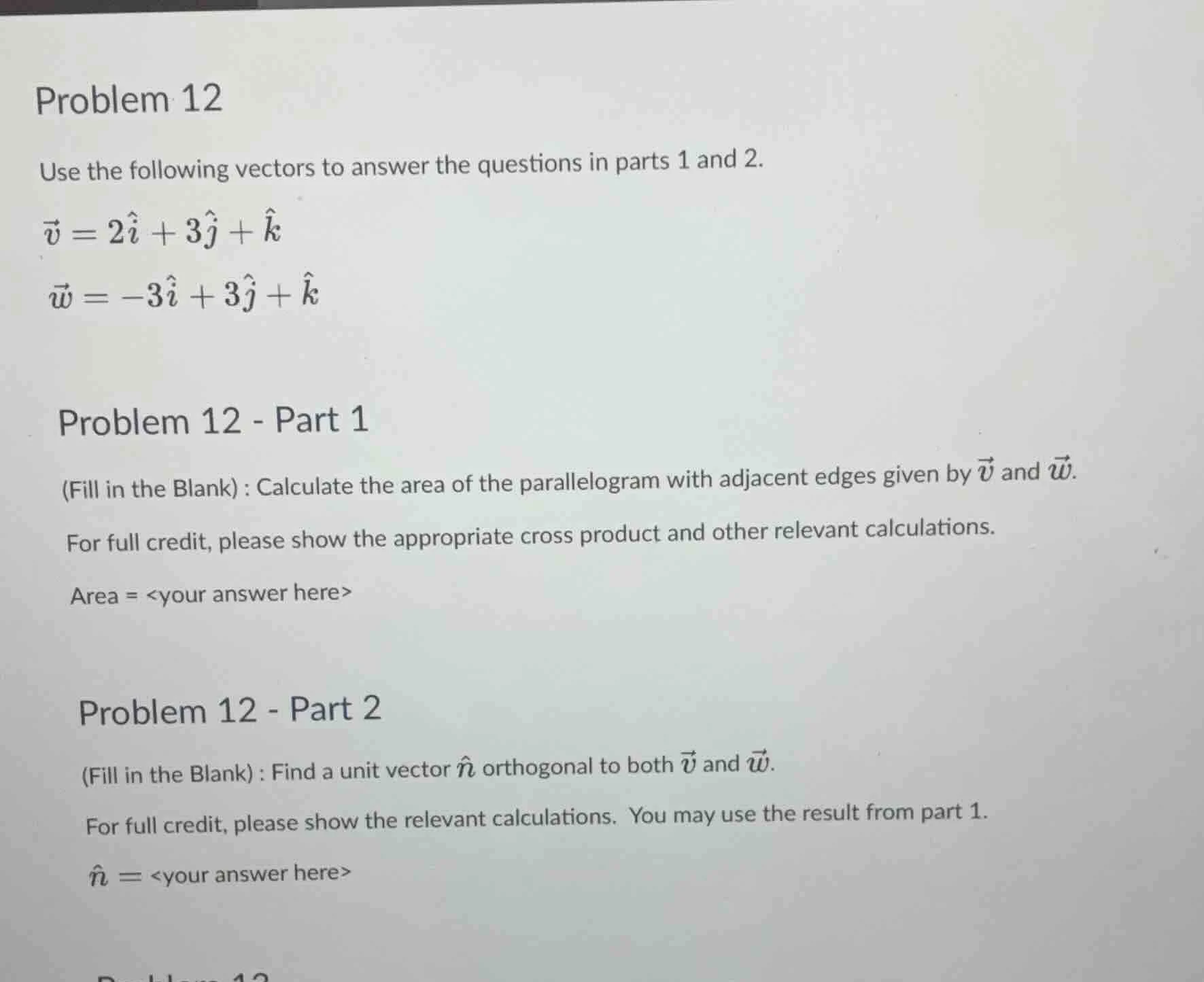 problem 12 use the following vectors to answer the questions in parts 1…