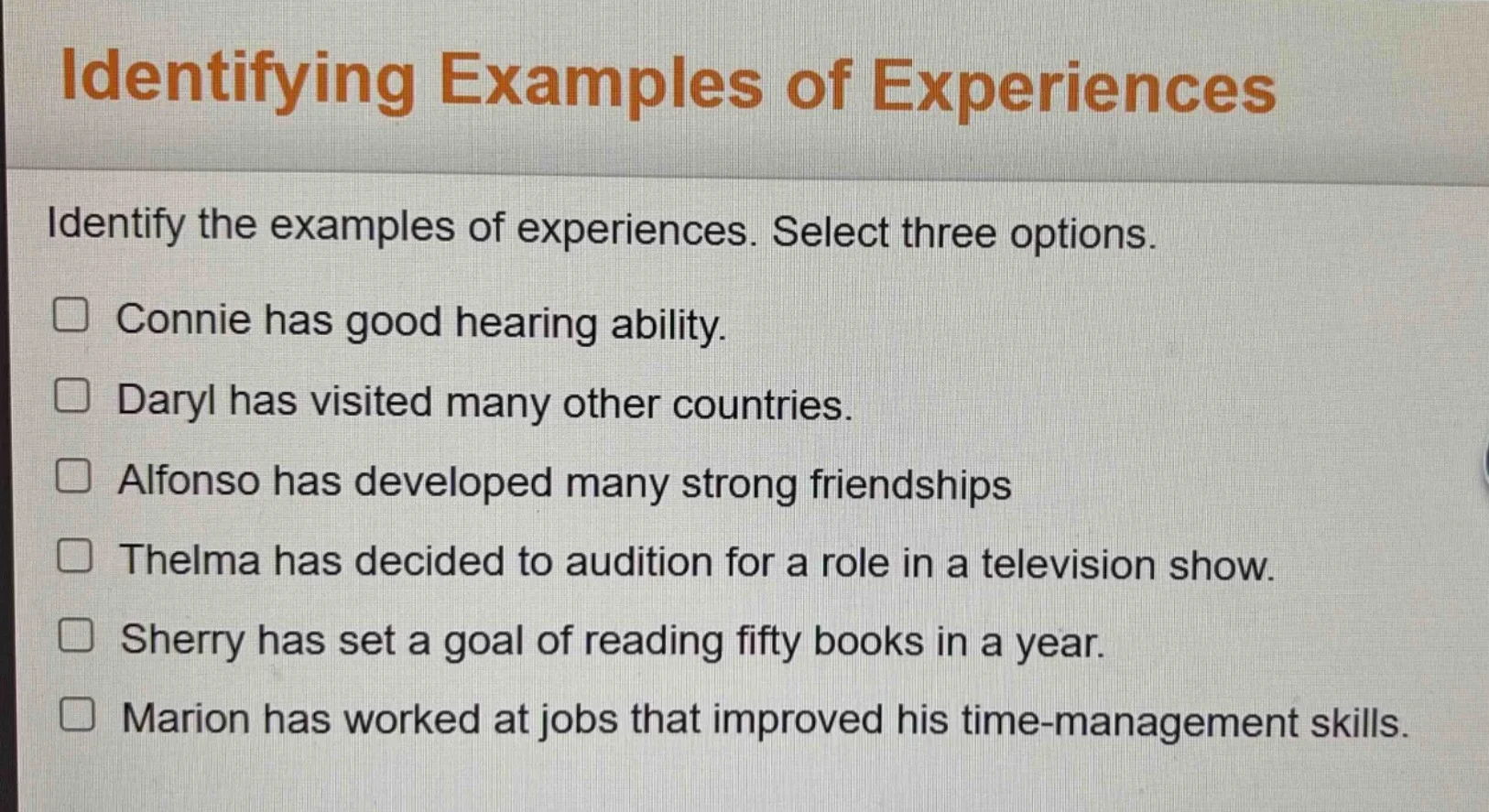 identifying examples of experiences identify the examples of experience…