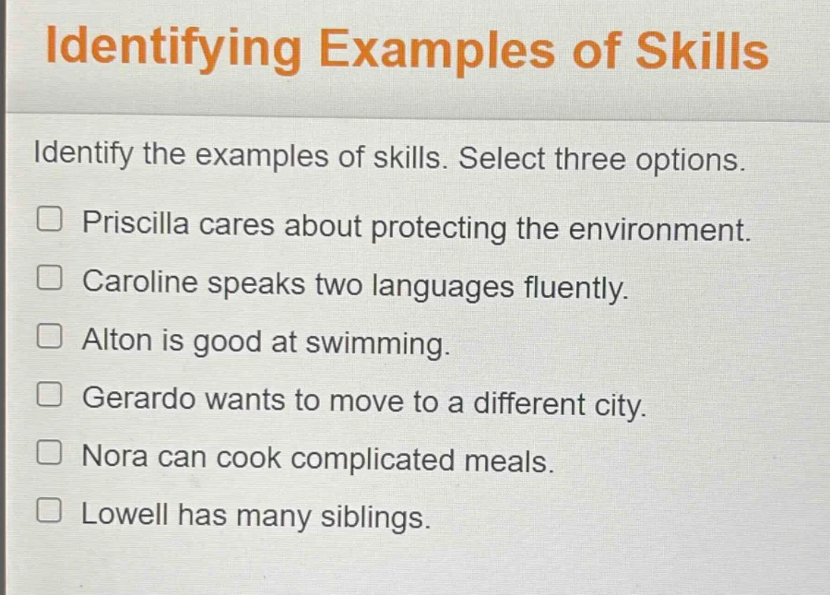 identifying examples of skills identify the examples of skills. select …