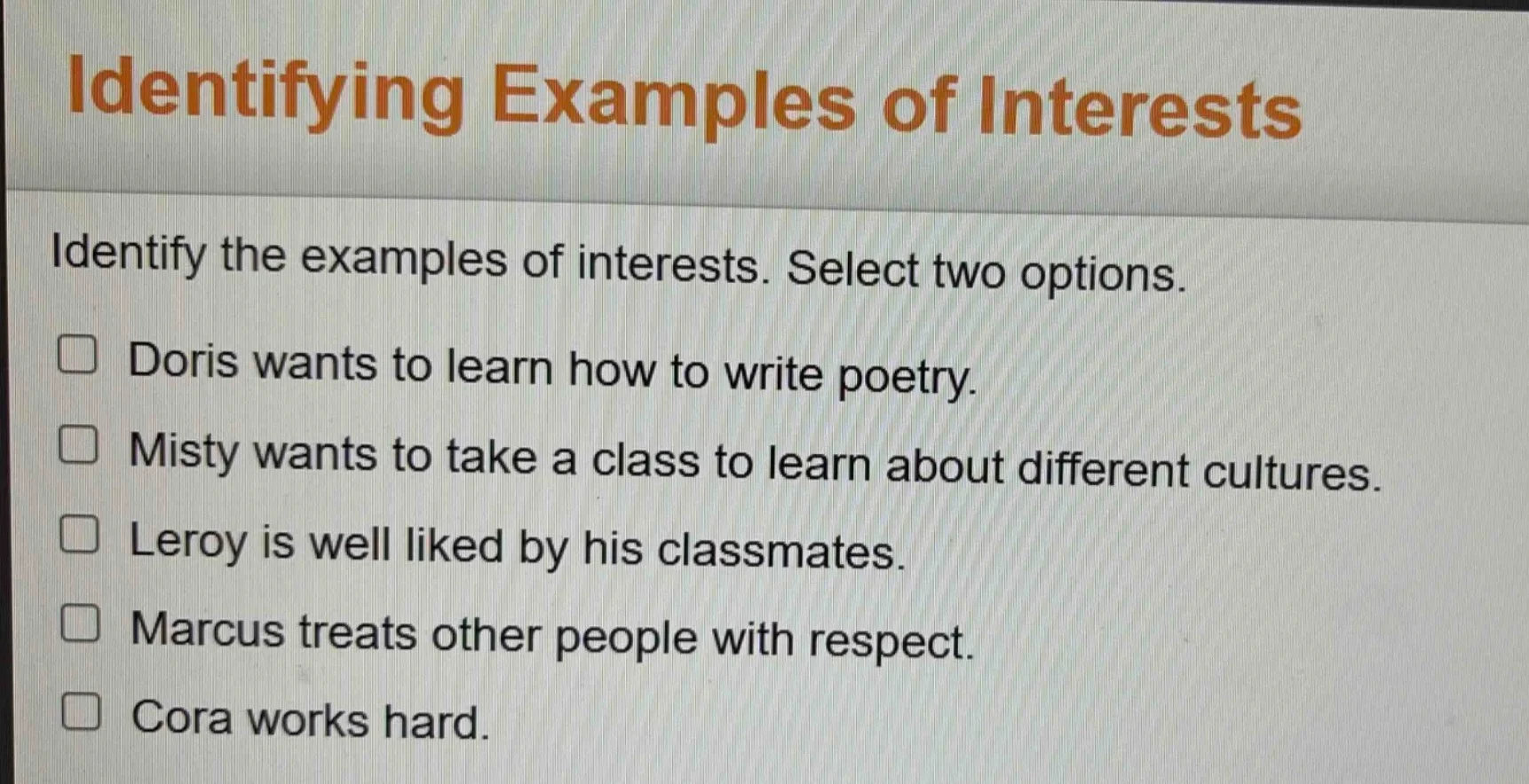 identifying examples of interests identify the examples of interests. s…
