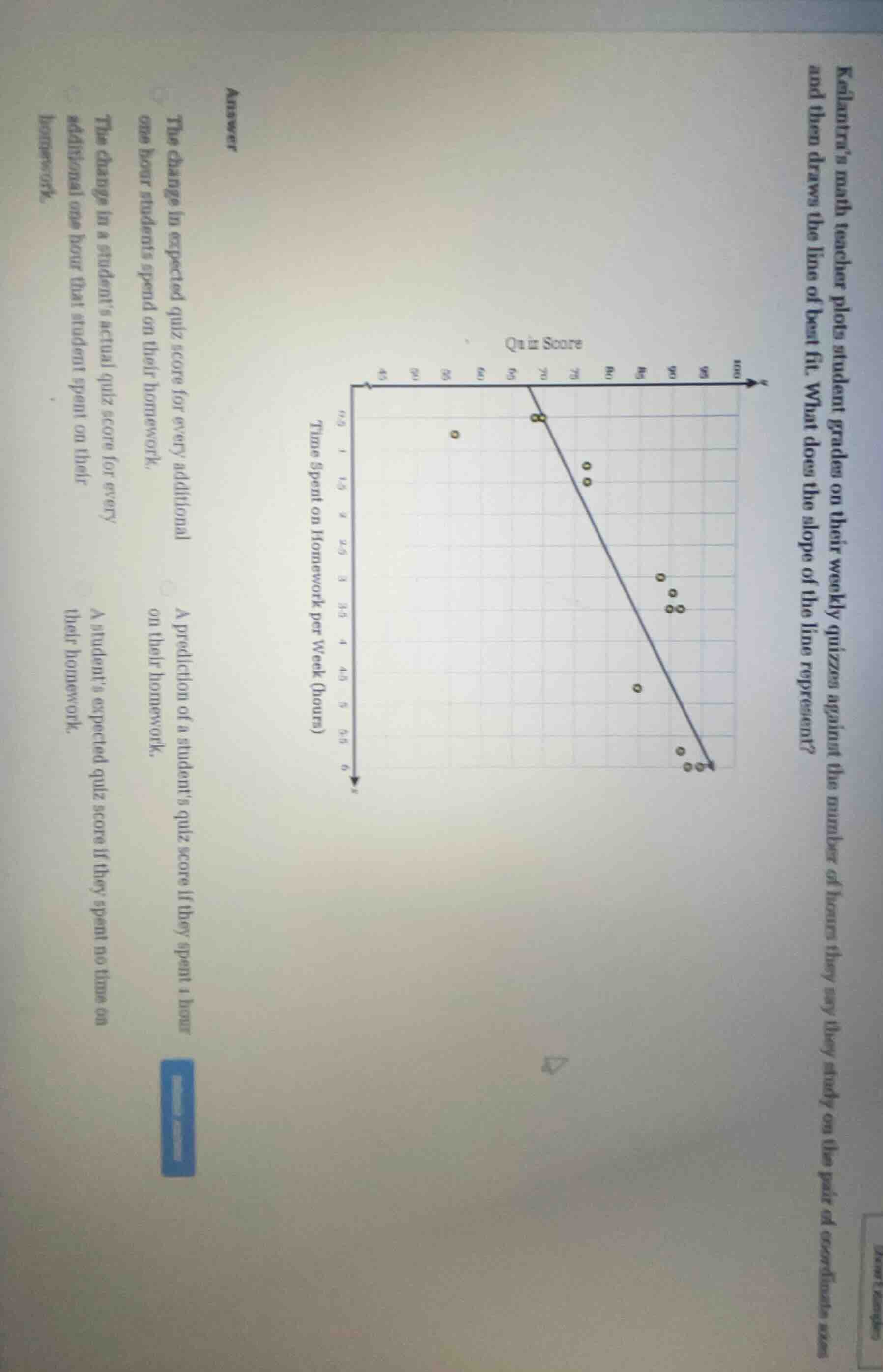 kalantras math teacher plots student grades on their weekly quizzes aga…