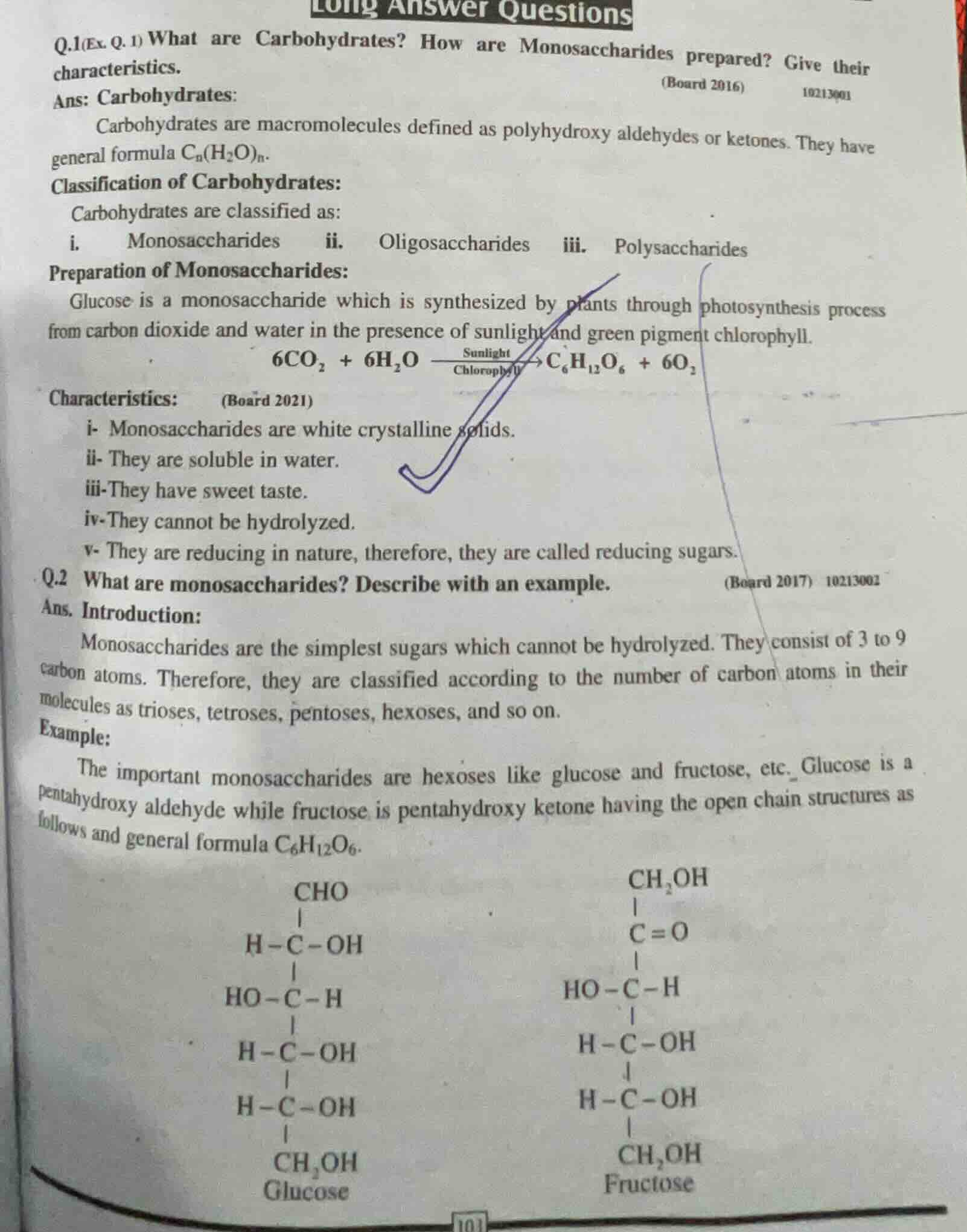 long answer questions q.1(ex. q. 1) what are carbohydrates? how are mon…