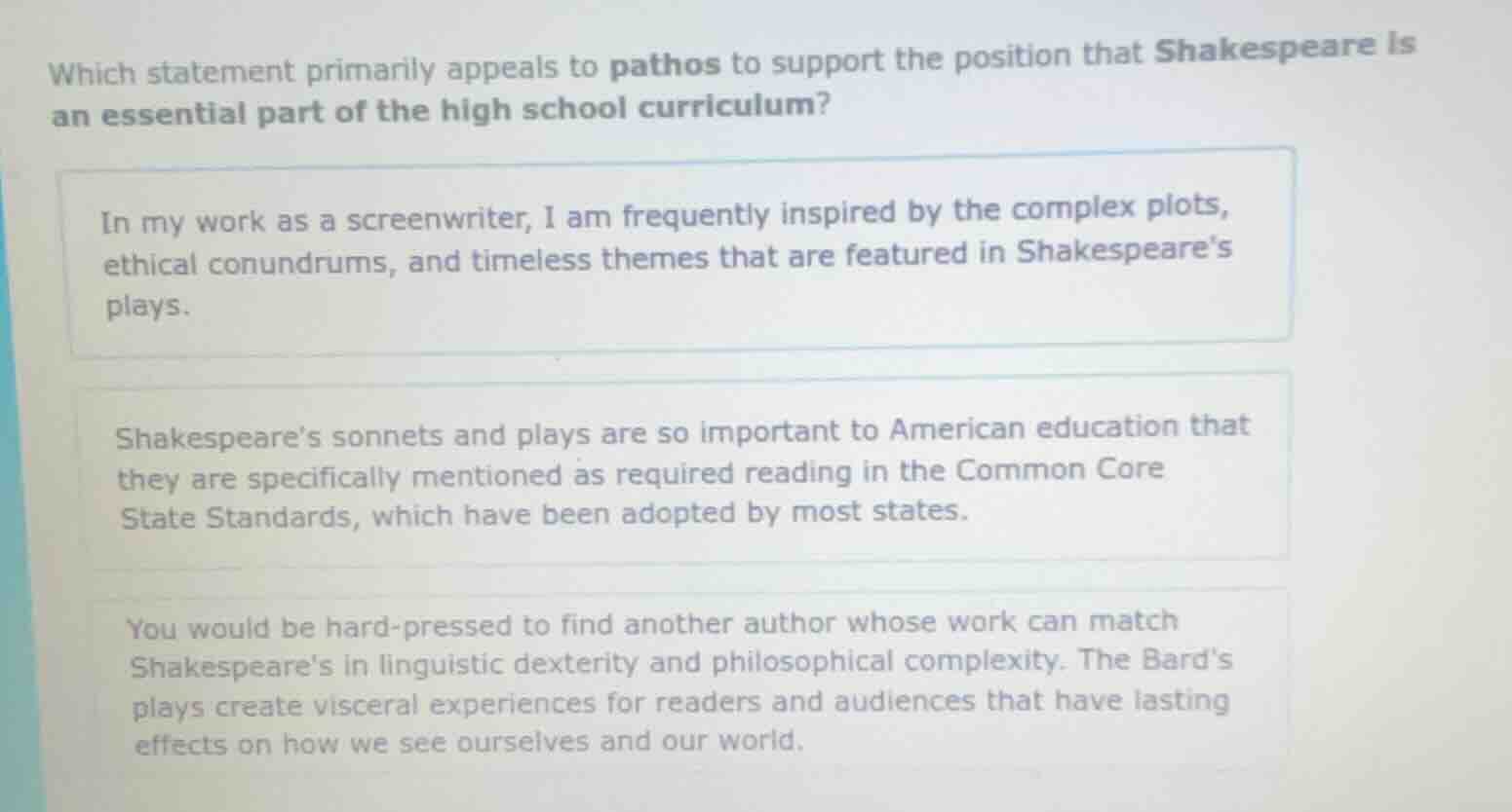 which statement primarily appeals to pathos to support the position tha…