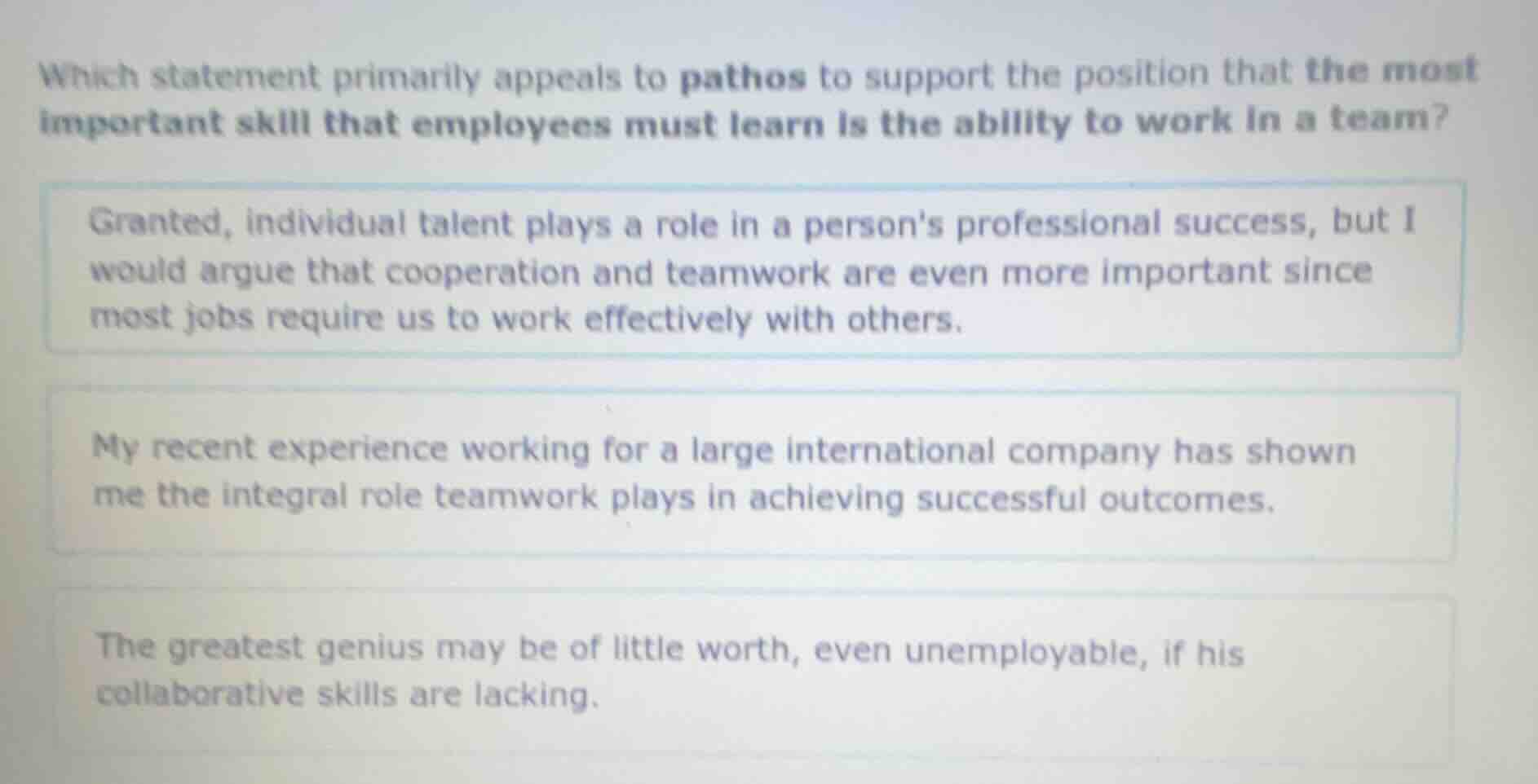 which statement primarily appeals to pathos to support the position tha…