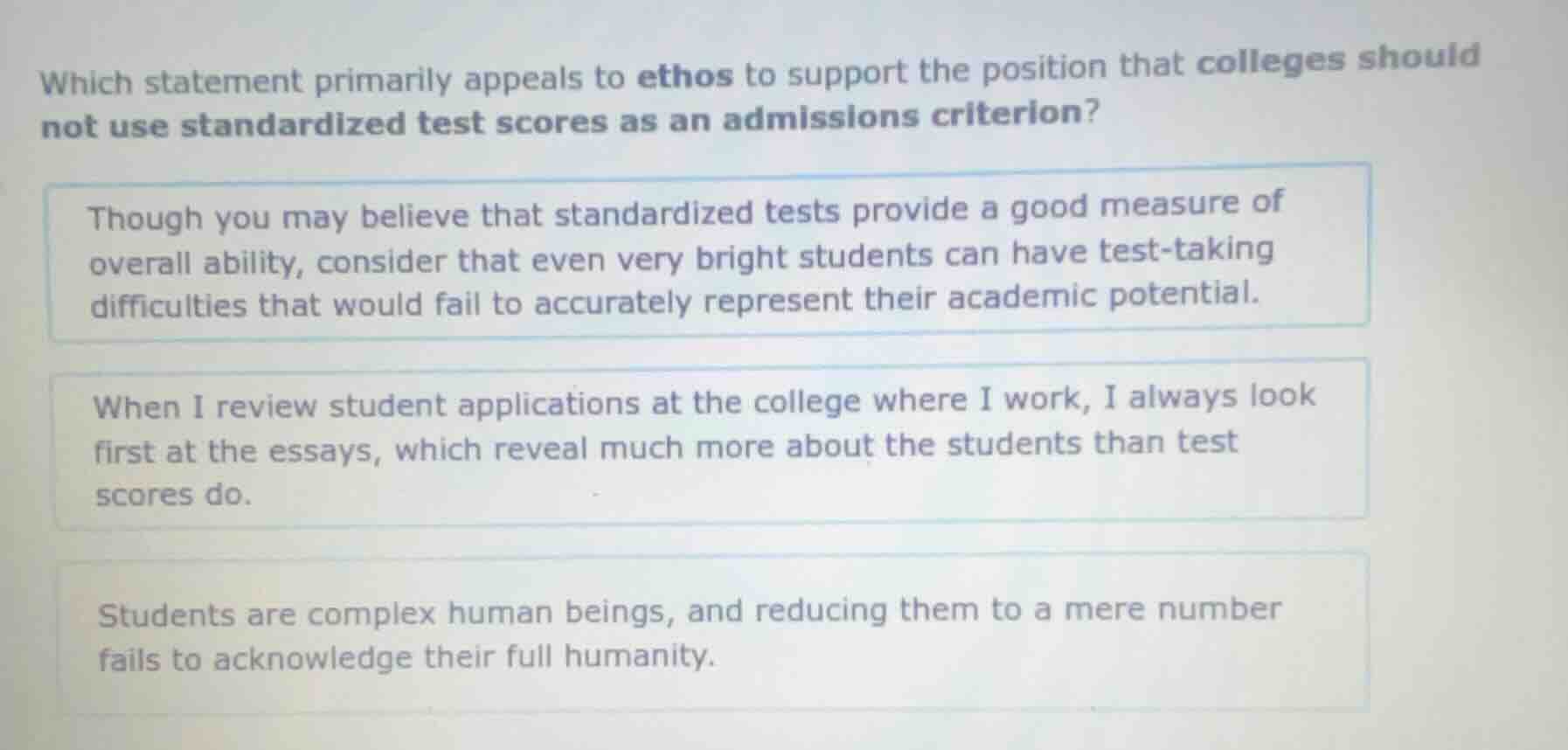 which statement primarily appeals to ethos to support the position that…