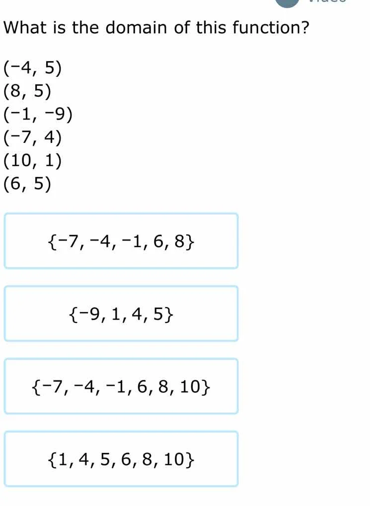 what is the domain of this function? (-4, 5) (8, 5) (-1, -9) (-7, 4) (1…