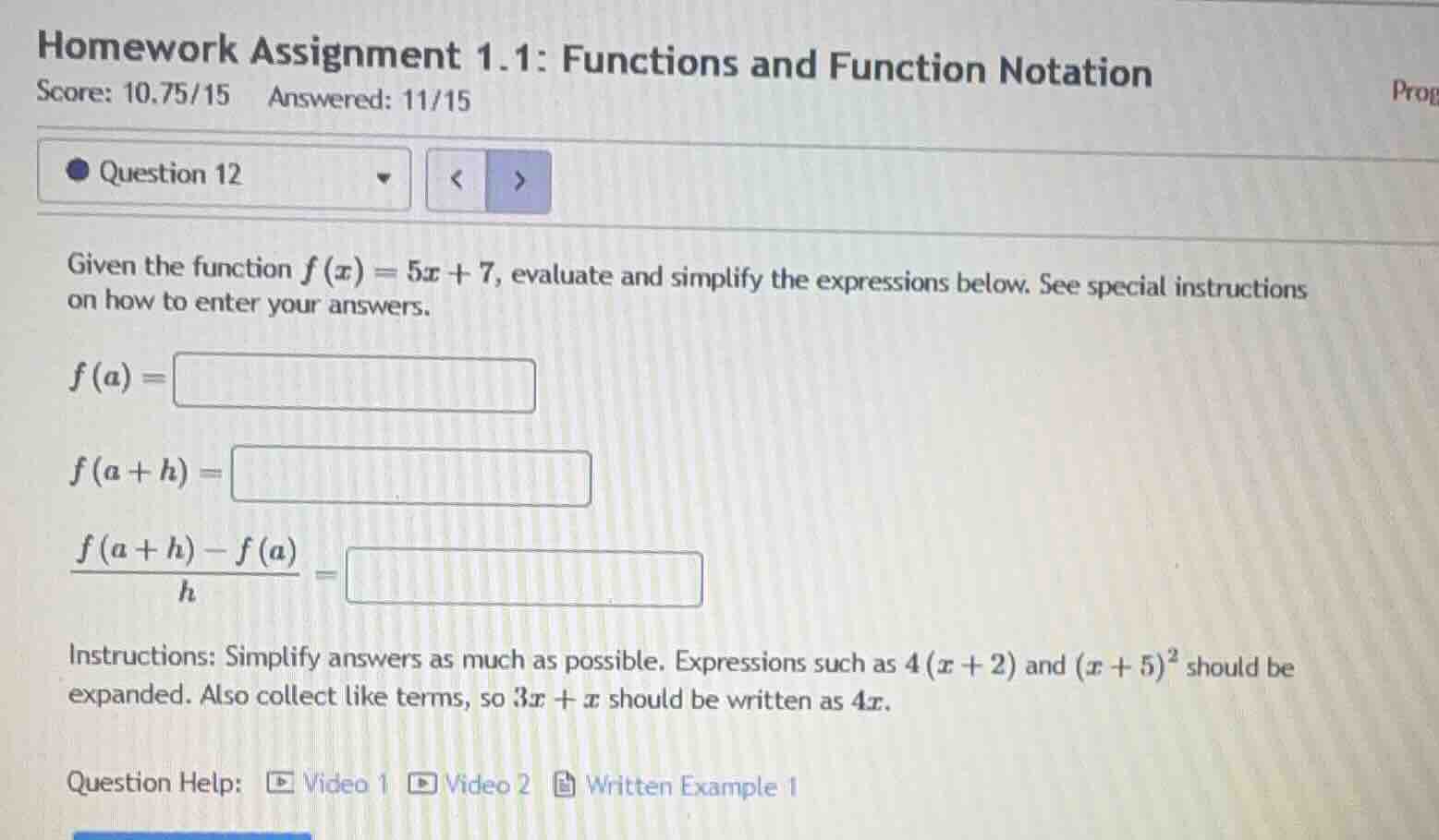 homework assignment 1.1: functions and function notation score: 10.75/1…