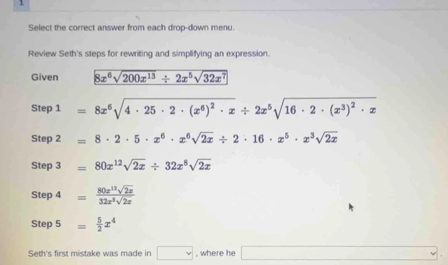 select the correct answer from each drop - down menu. review seths step…