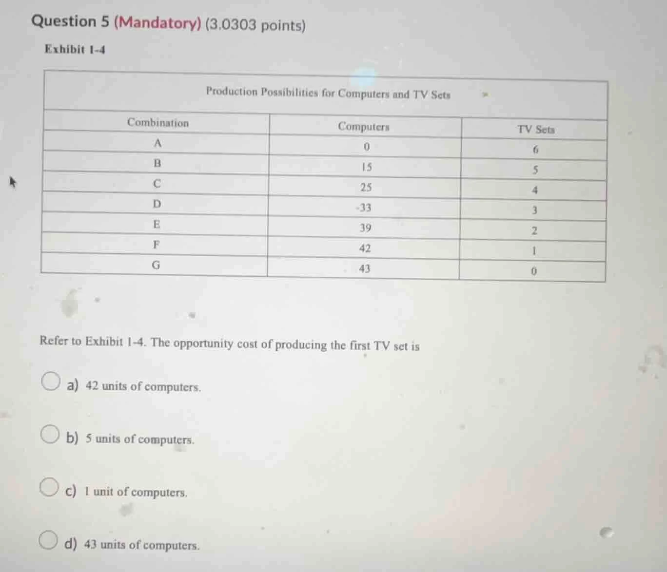 question 5 (mandatory) (3.0303 points) exhibit 1-4 production possibili…