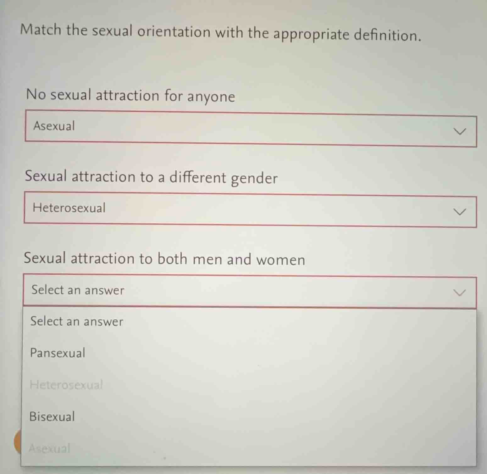 match the sexual orientation with the appropriate definition. no sexual…