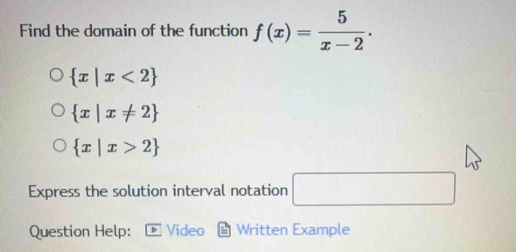 find the domain of the function $f(x) = \\frac{5}{x - 2}$.\ \ $\\circ \…