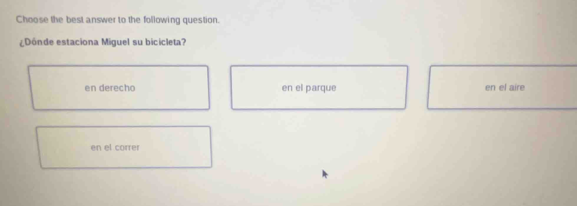 choose the best answer to the following question. ¿dónde estaciona migu…