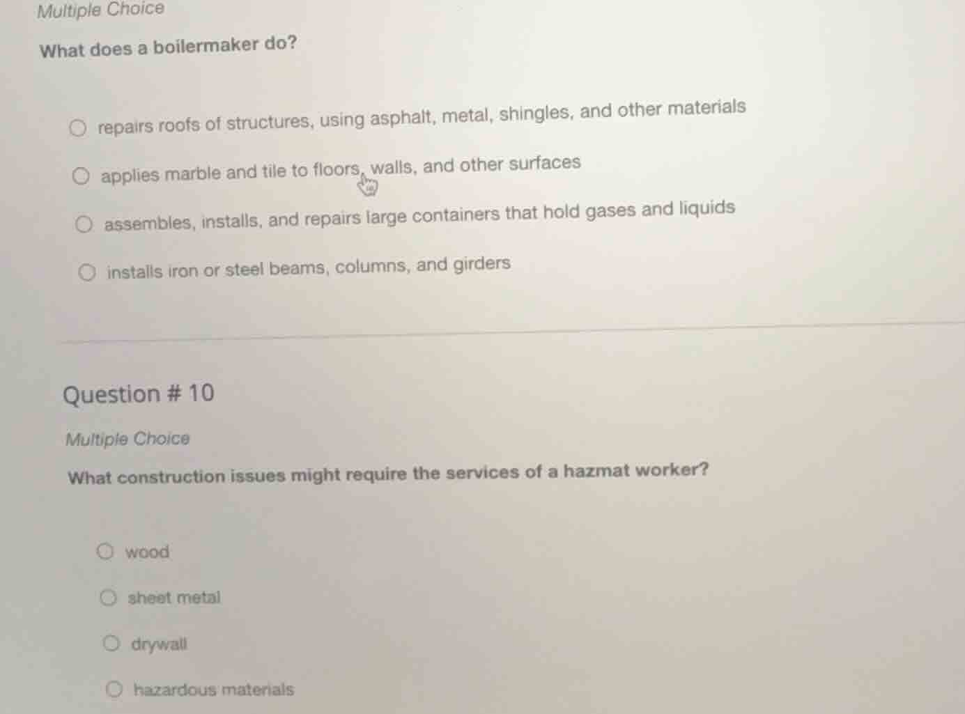 multiple choice what does a boilermaker do? repairs roofs of structures…