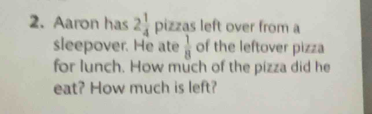 2. aaron has $2\\frac{1}{4}$ pizzas left over from a sleepover. he ate …