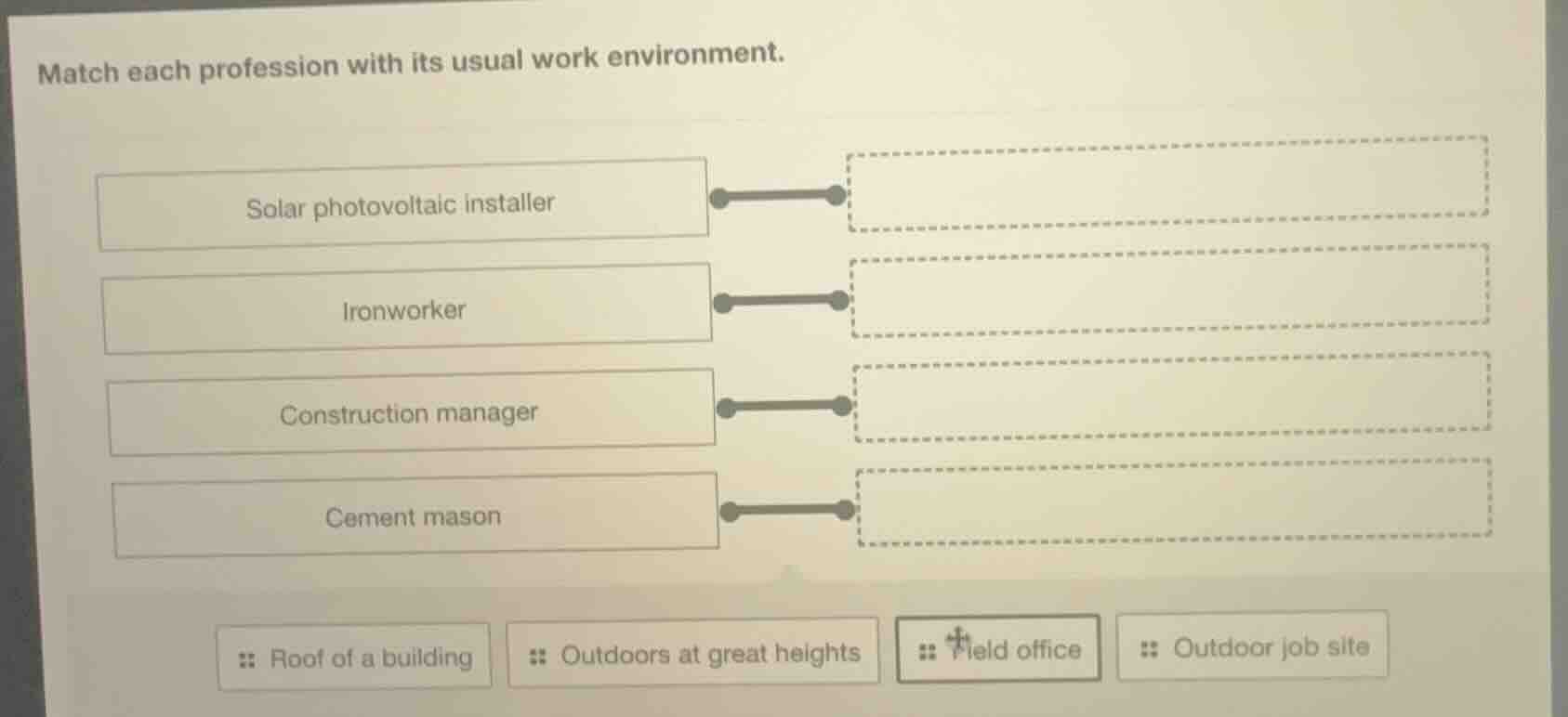 match each profession with its usual work environment. solar photovolta…