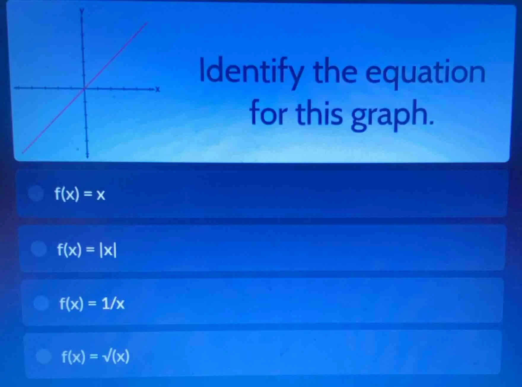 identify the equation for this graph. f(x) = x; f(x) = |x|; f(x) = 1/x;…