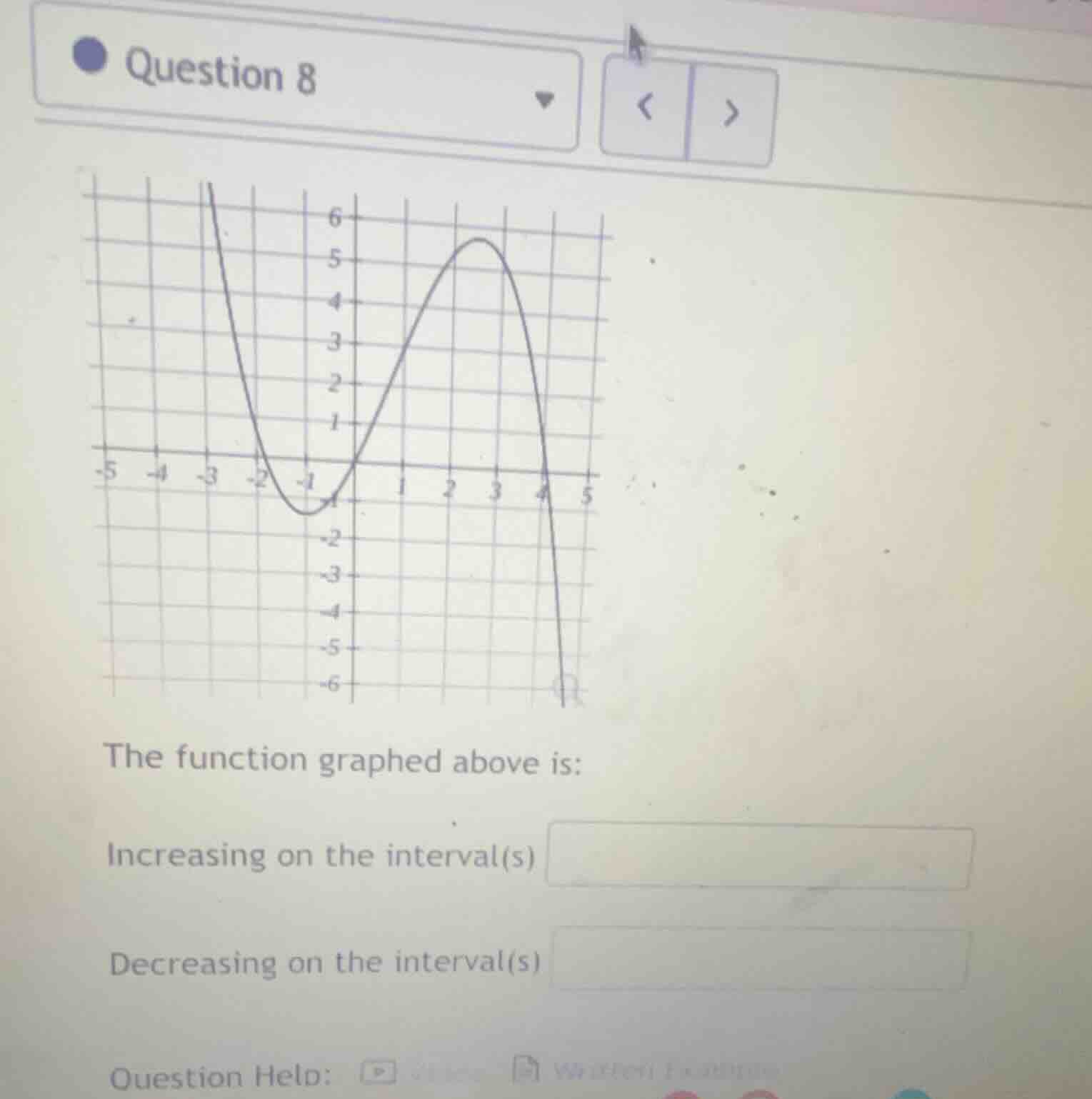 question 8 the function graphed above is: increasing on the interval(s)…