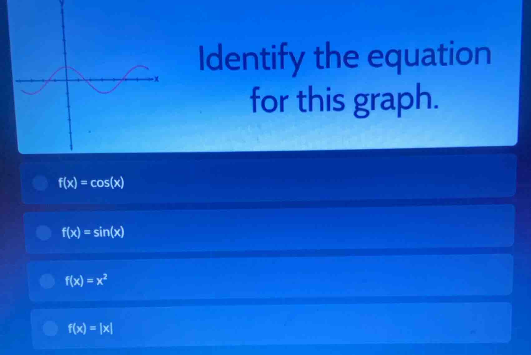 identify the equation for this graph. f(x) = cos(x) f(x) = sin(x) f(x) …