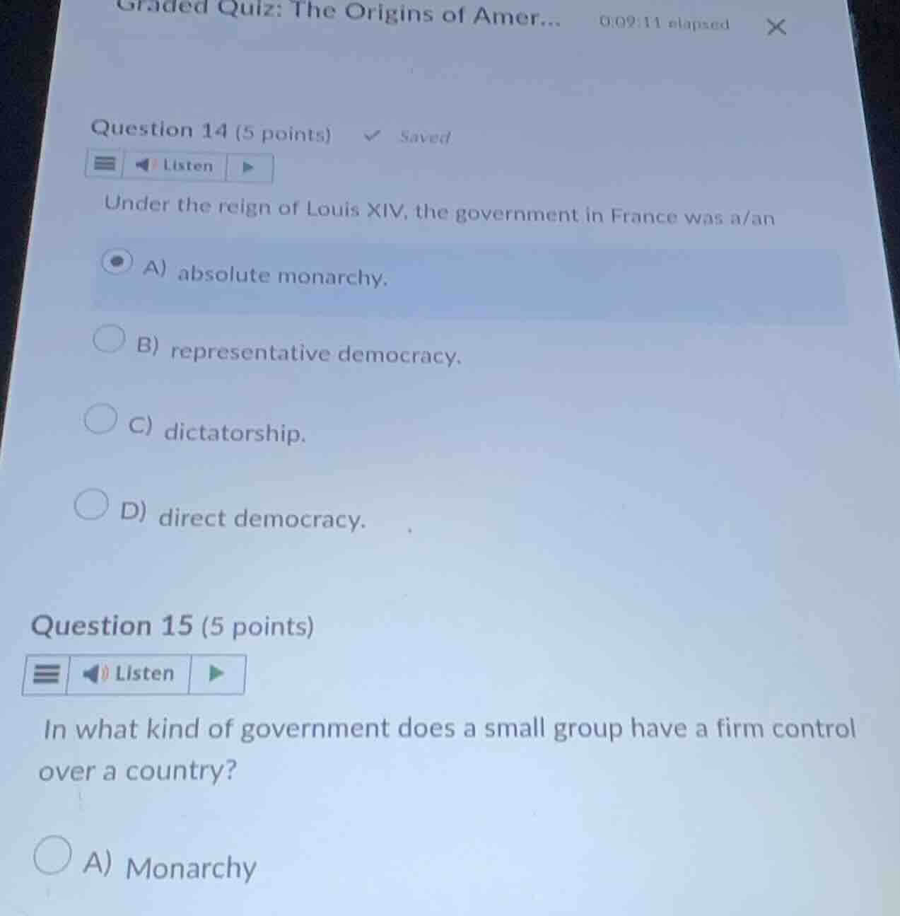 graded quiz: the origins of amer... 0:09:11 elapsed question 14 (5 poin…