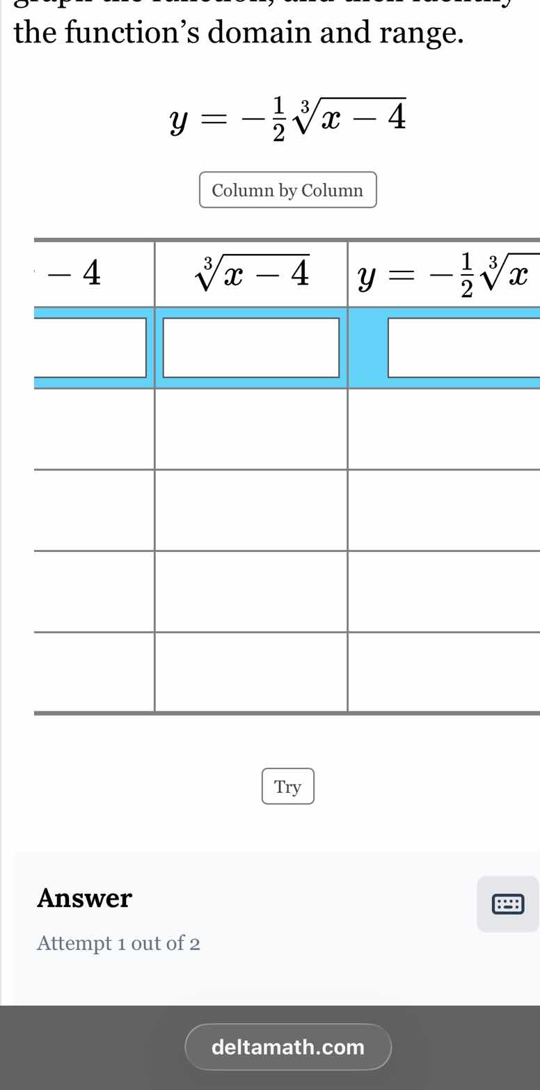 the function’s domain and range. $y = -\frac{1}{2}sqrt3{x - 4}$ column …