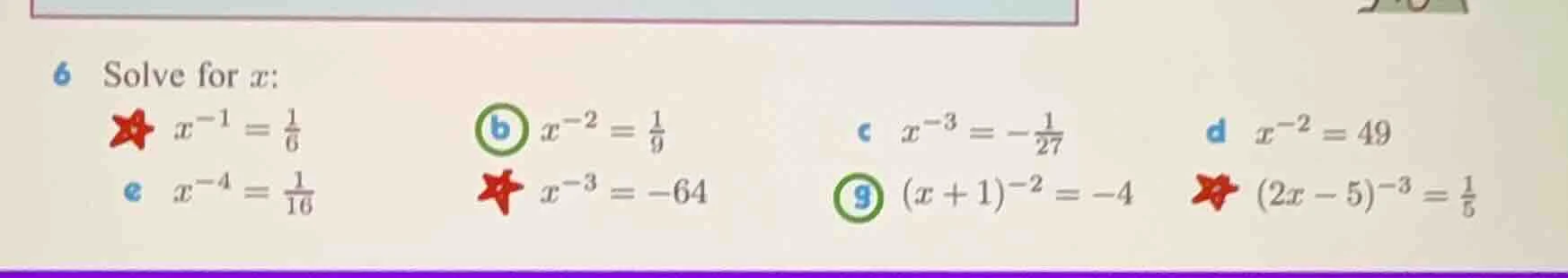 6 solve for x: ★ ( x^{-1} = \frac{1}{6} ) ( \boldsymbol{\text{b}} ) ( x…